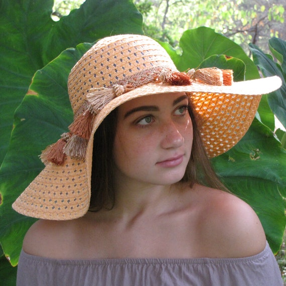BOHO Style Orange Wide Brim Floppy Hat With Fun Orange and  display picture 2