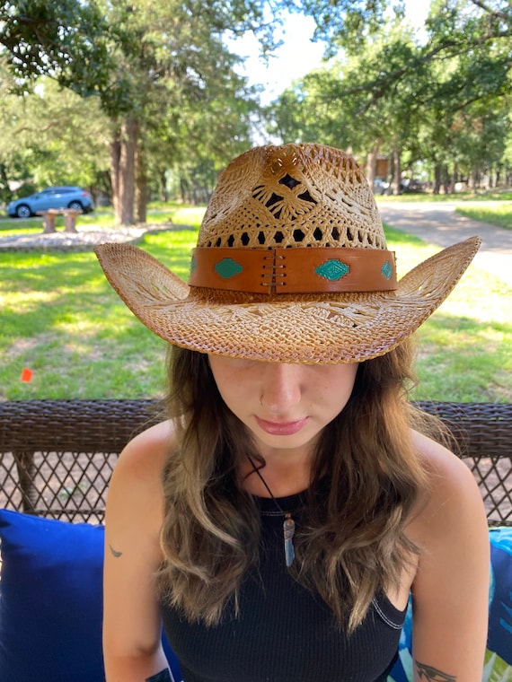 Brown Western Straw Cowboy Hat with Turquoise Accents Fluffy Sense Coastal Cowgirl Hat Straw Cowboy Hat Western  main image 3