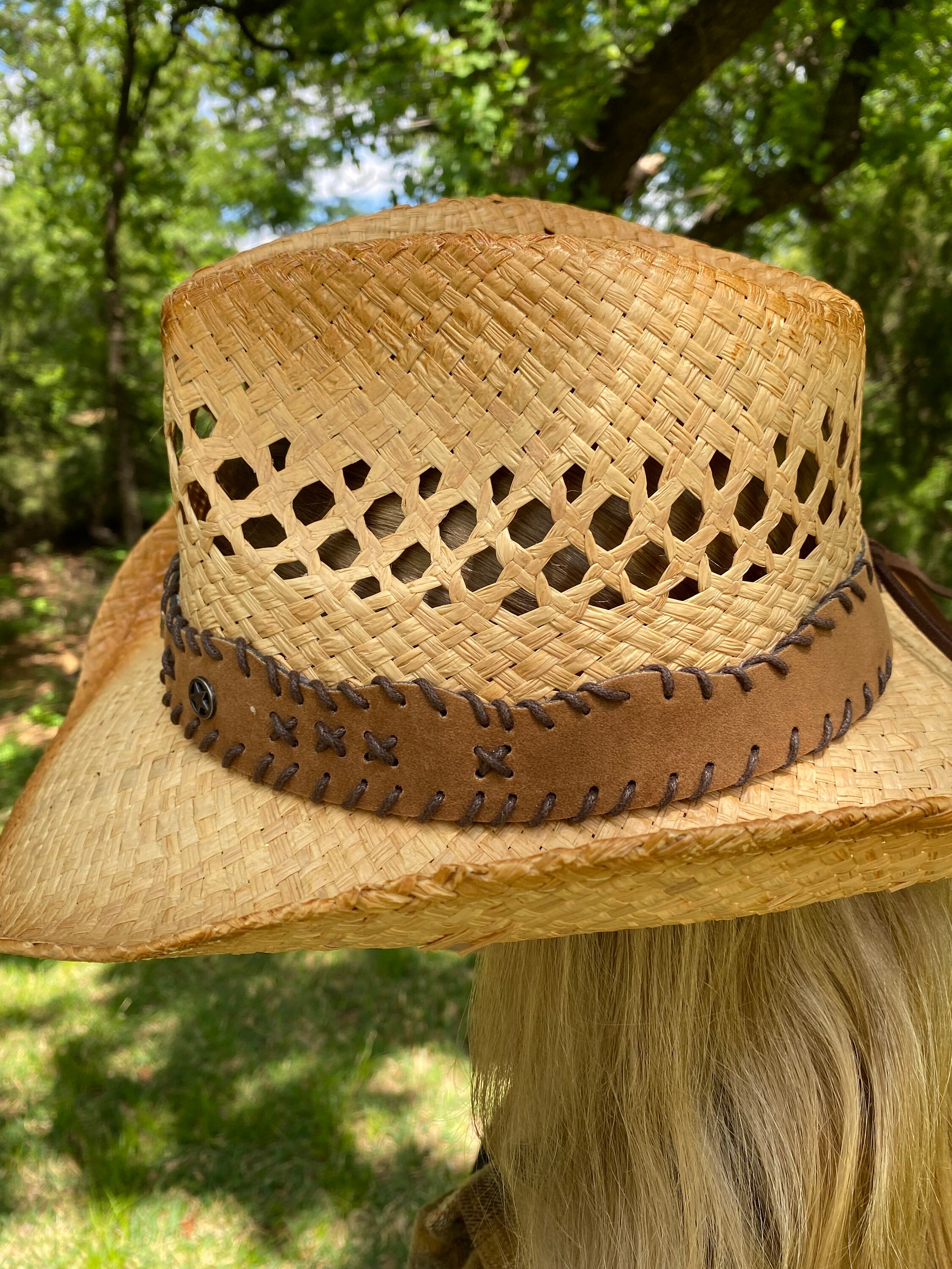 Straw Cowboy Hat, Antiqued Straw With Brown Stitched Hat  display picture 2