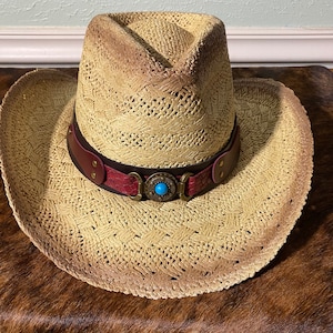 Brown Straw Cowboy Hat, Antiqued with Brown Hat Band Overlayed with Two Different Reds and a Gold Unique Medallion with Turquoise Center