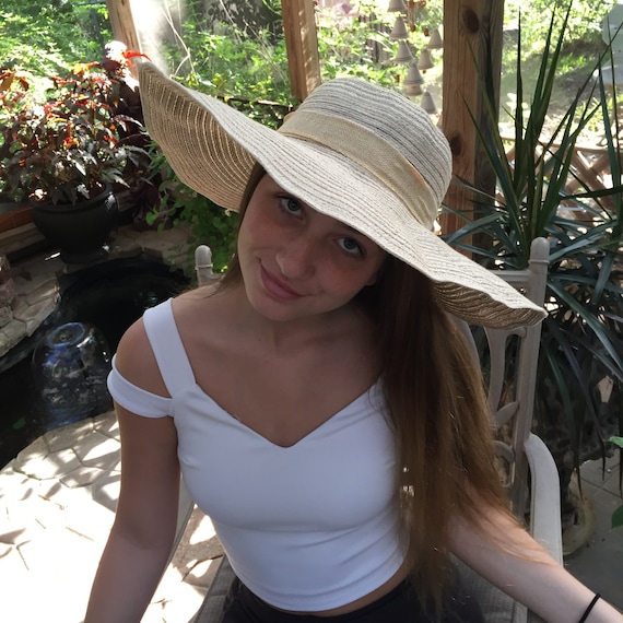 Floppy Brim Hat for Sun and Beach. Beautiful Striped Brown and off