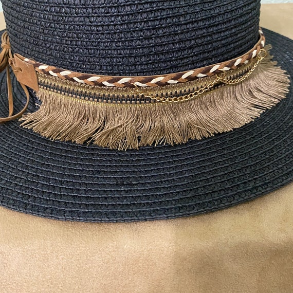 Black Straw Fedora, Fringed Hatband With Braided Leather and  display picture 1