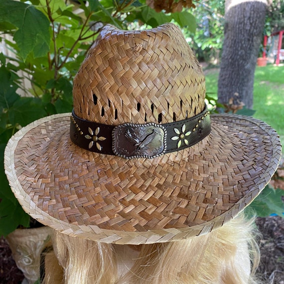 Tan Straw Fedora Style Hat With Black Hat Band Embellished  display picture 1