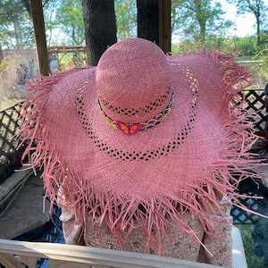 Floppy Brim Hat for Sun and Beach. Foldable Style. Beautiful Multicolor Colors with Hat Band with Bow and Jeweled Butterfly on Back
