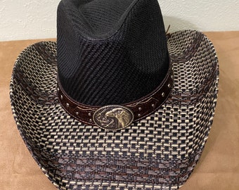 Unique Straw Cowboy Hat, Black and White Woven Straw with Brown Studded Hat Band with Gold Eagle Medallion Antiqued in Black