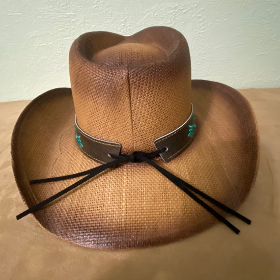 Brown Straw Cowboy Hat with Turquoise Embroidered Band Western Straw Cowboy Hat, Embroidered Floral Band, Turquoise  main image 2
