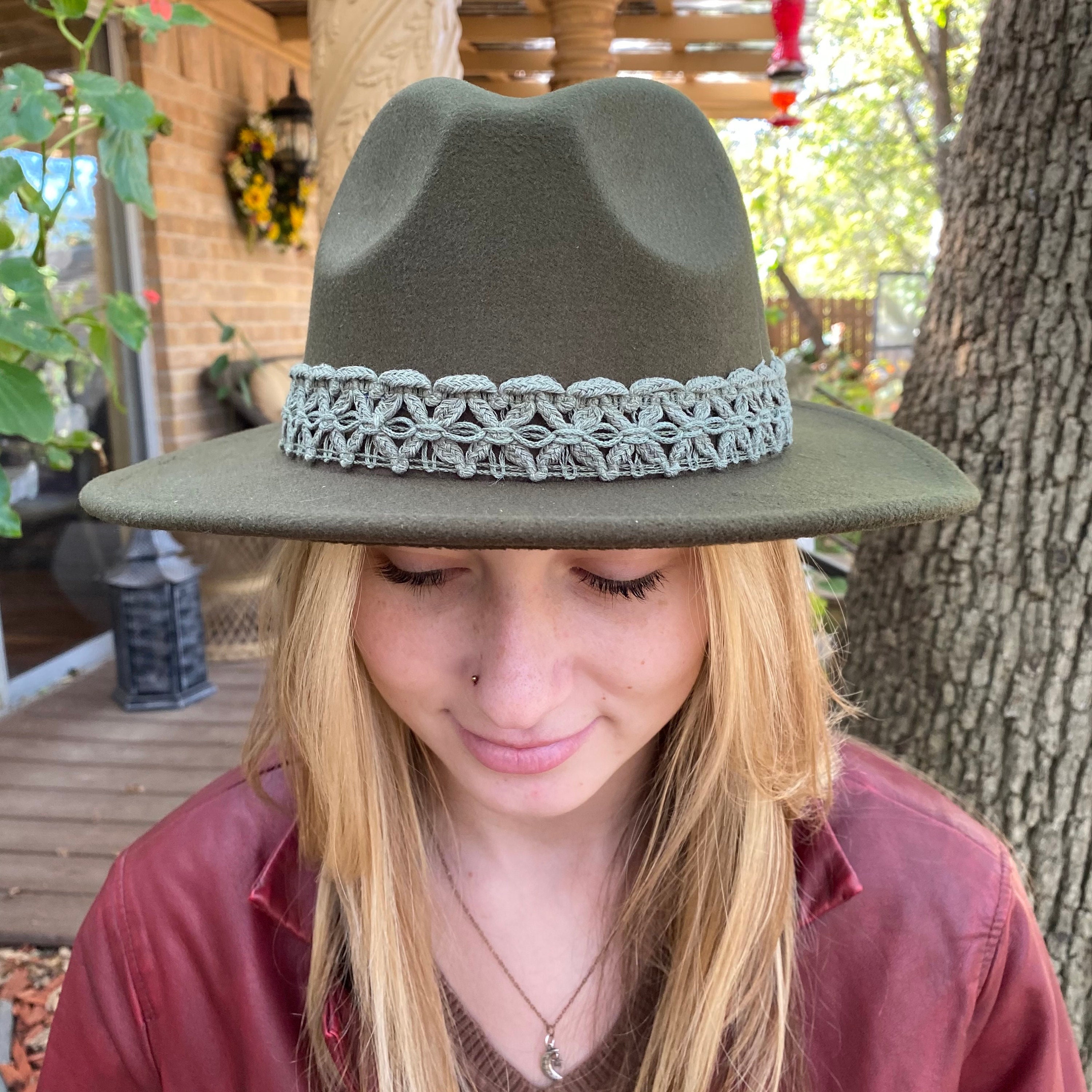 Fedora Green Felt Wide Brim, Braided Green Macrame Look Hat 