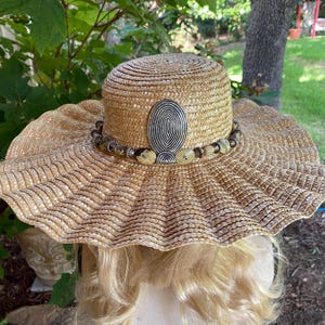 Floppy Brim Hat for Sun and Beach. Beautiful Straw Weave with a Scalloped Brim & Silver Oval Medallion Hat Band of Stone and Silver Beads.