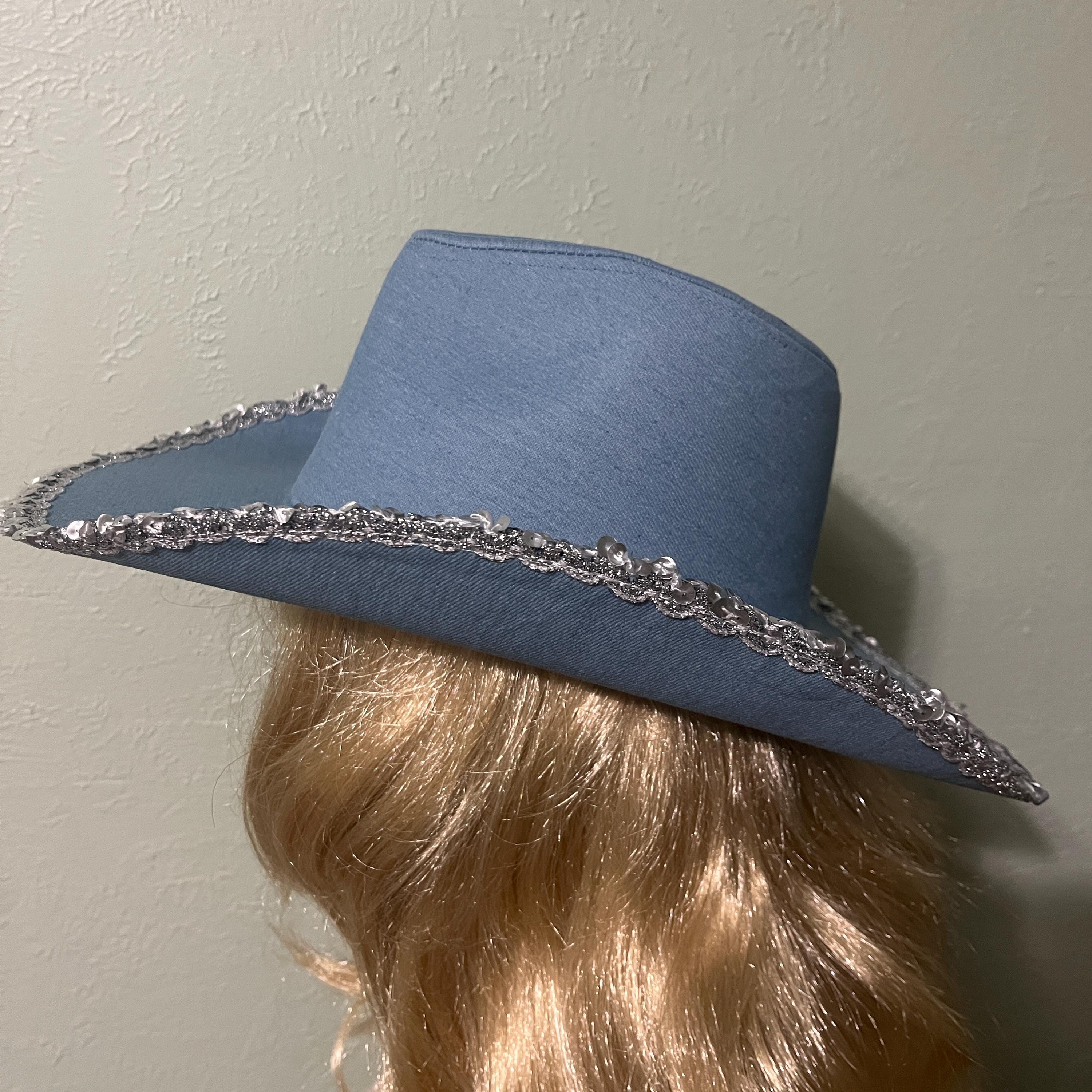 Blue Sequin Denim Fedora Hat Wide Brim Womens Cowboy Cowgirl Western Blue Rhinestone Western Denim Hat | Sparkly Cowgirl Wide  main image 3