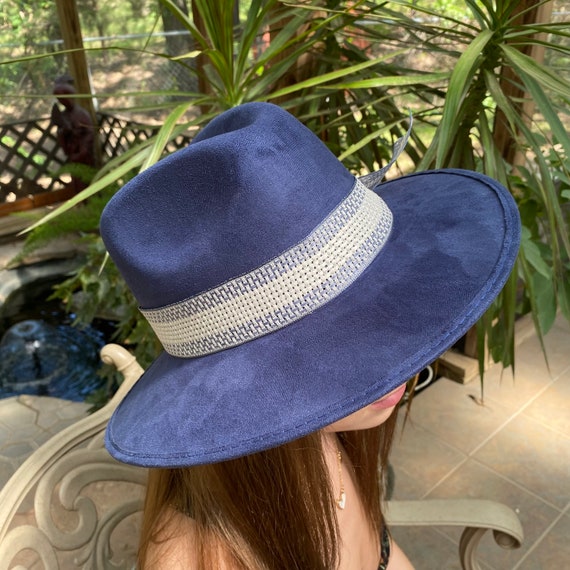Blue & White Pearl Embellished Band Pointed Fedora Hat Accessories | Blue White Pearl Embellished Band Pointed  main image 3