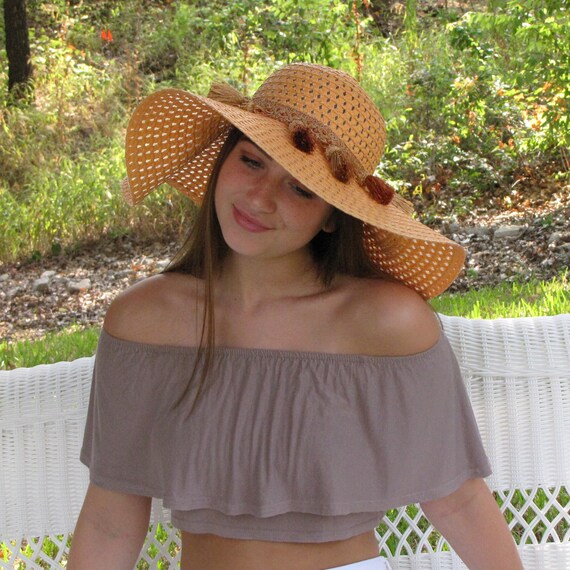 BOHO Style Orange Wide Brim Floppy Hat With Fun Orange and  display picture 2