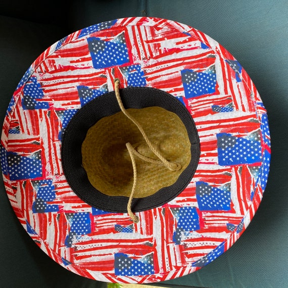 Red White and Blue Straw Hat With Under the Brim Lining With 