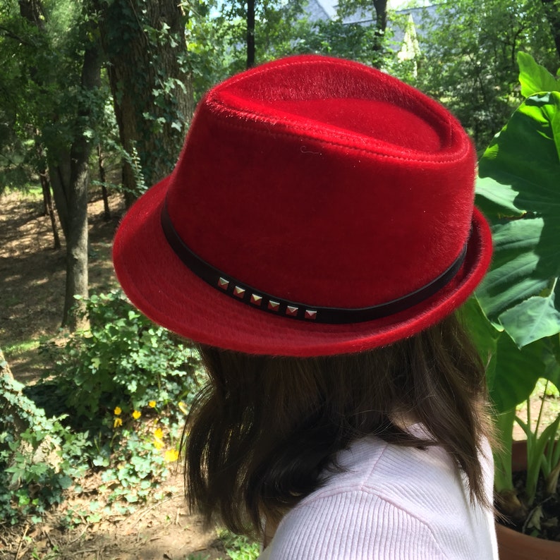 Red Fedora. Black Leather Like Band with Gold Studs Etsy