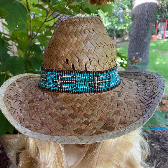 Tan Straw Fedora Style Hat With a Unique Beaded Hat Band of 