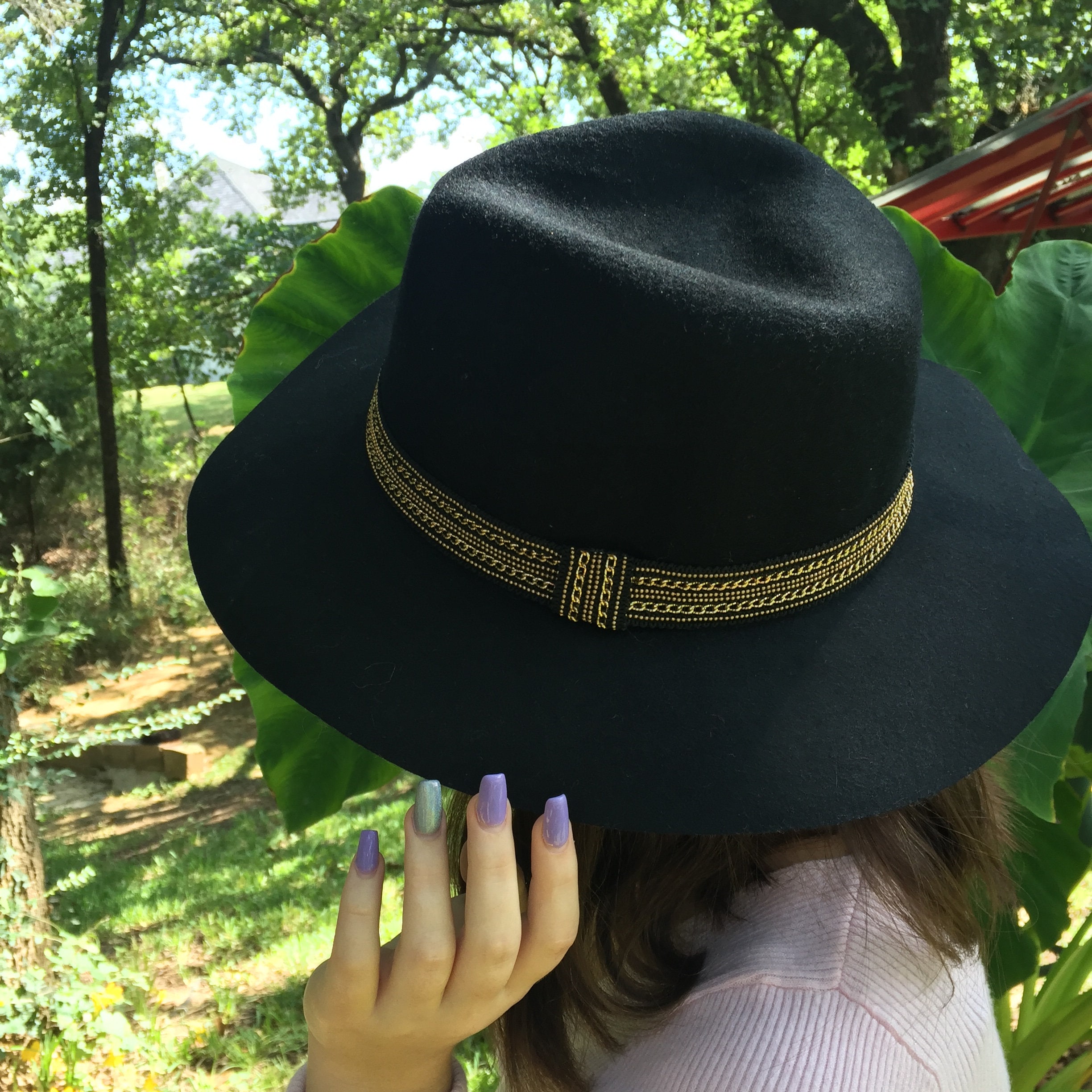 Fedora Black Wool Felt Wide Brim. Gold and Black Hat Band  display picture 1
