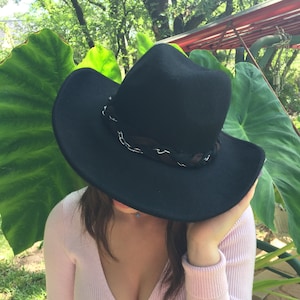Fedora Soft Black Wool Felt Wide Brim. Braided Black & Brown Hat Band With Silver Chain