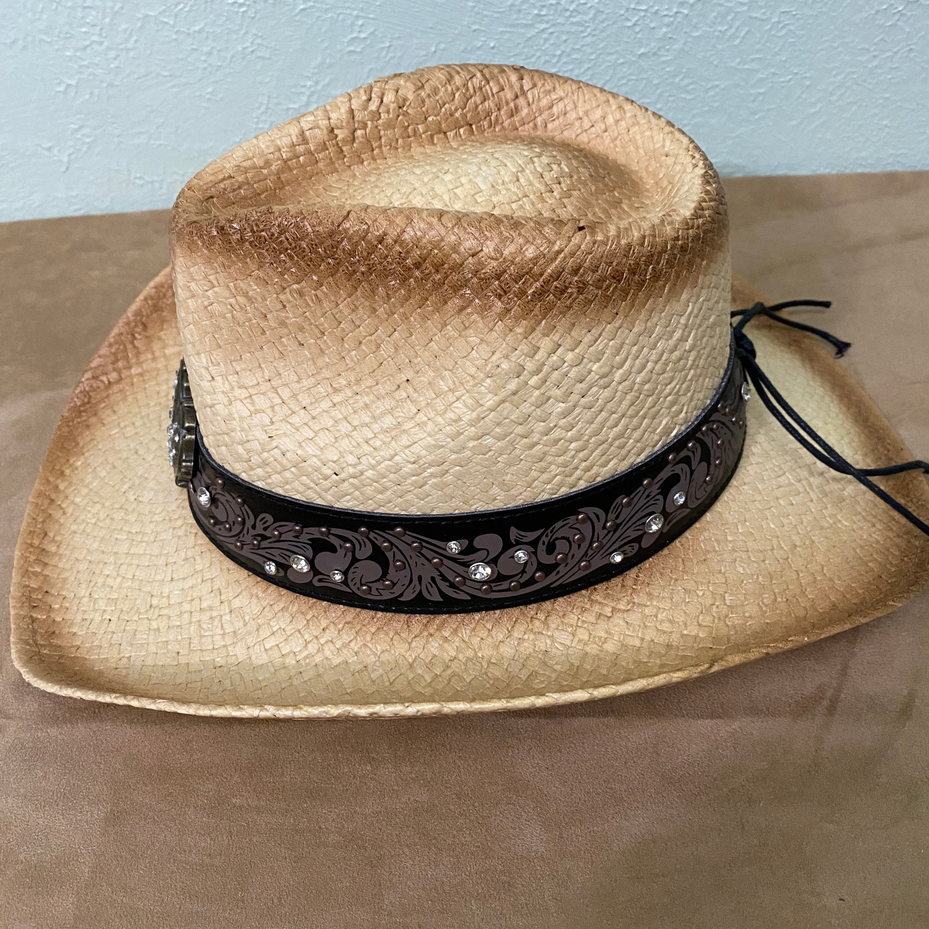 5453 Straw Cowboy Hat (crystal Heart Dk Brown) Straw Cowboy Hat, Brown Antiqued With a Beautiful Heart  main image 3