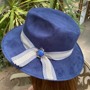 Wide Brim Felt Fedora Hat  Beautiful Blue  with White and Blue Band accented with a Silver  Medallion with a Blue Stone and White Pearls