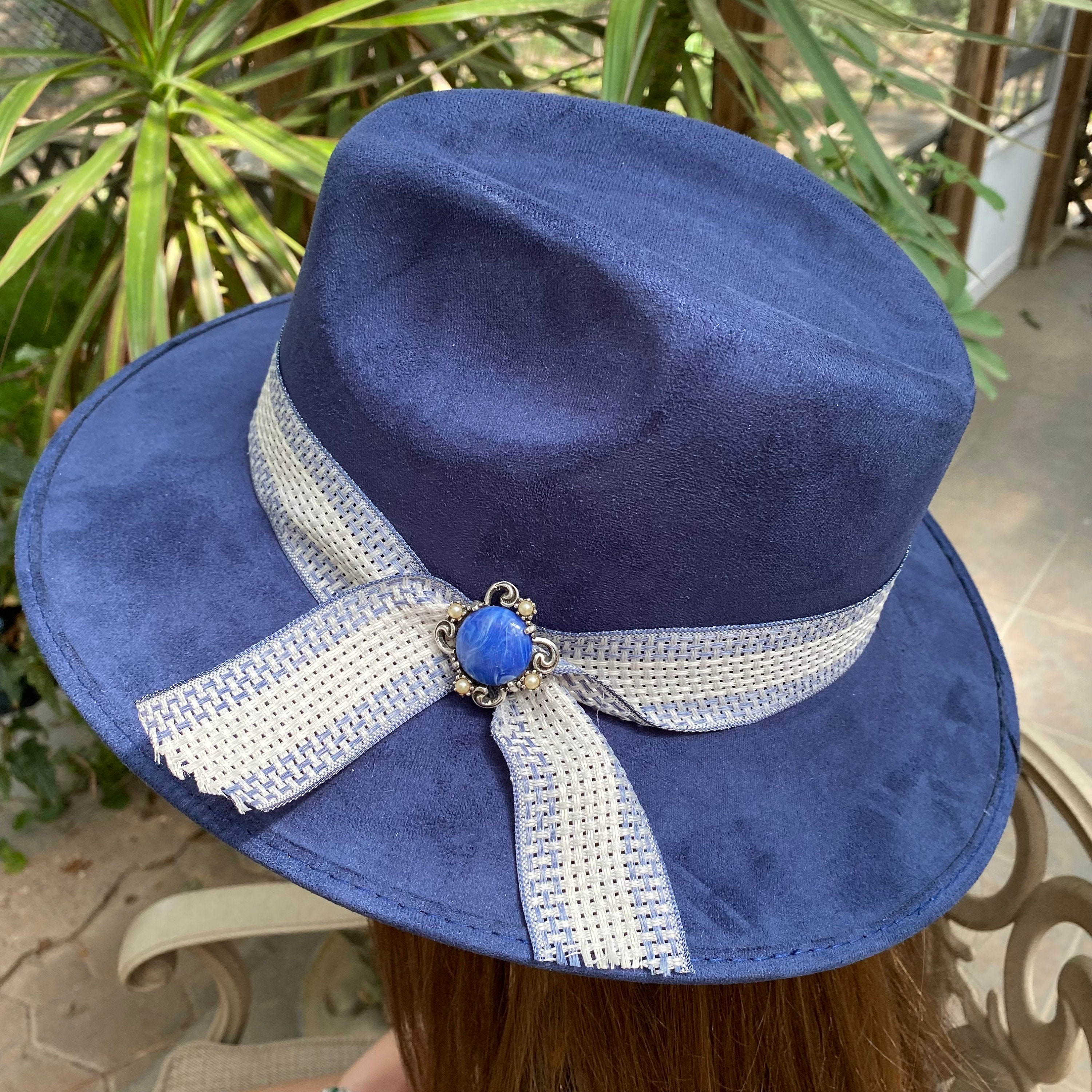 Embroidered Blue Wide-Brim Fedora Hat with Tassel Ari Wide Brim Fedora main image 4