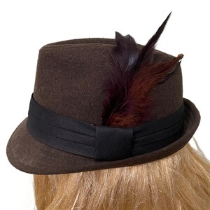 Classic Brown Felt Fedora with a Black Pleated Hat Band Embelished with Feathers