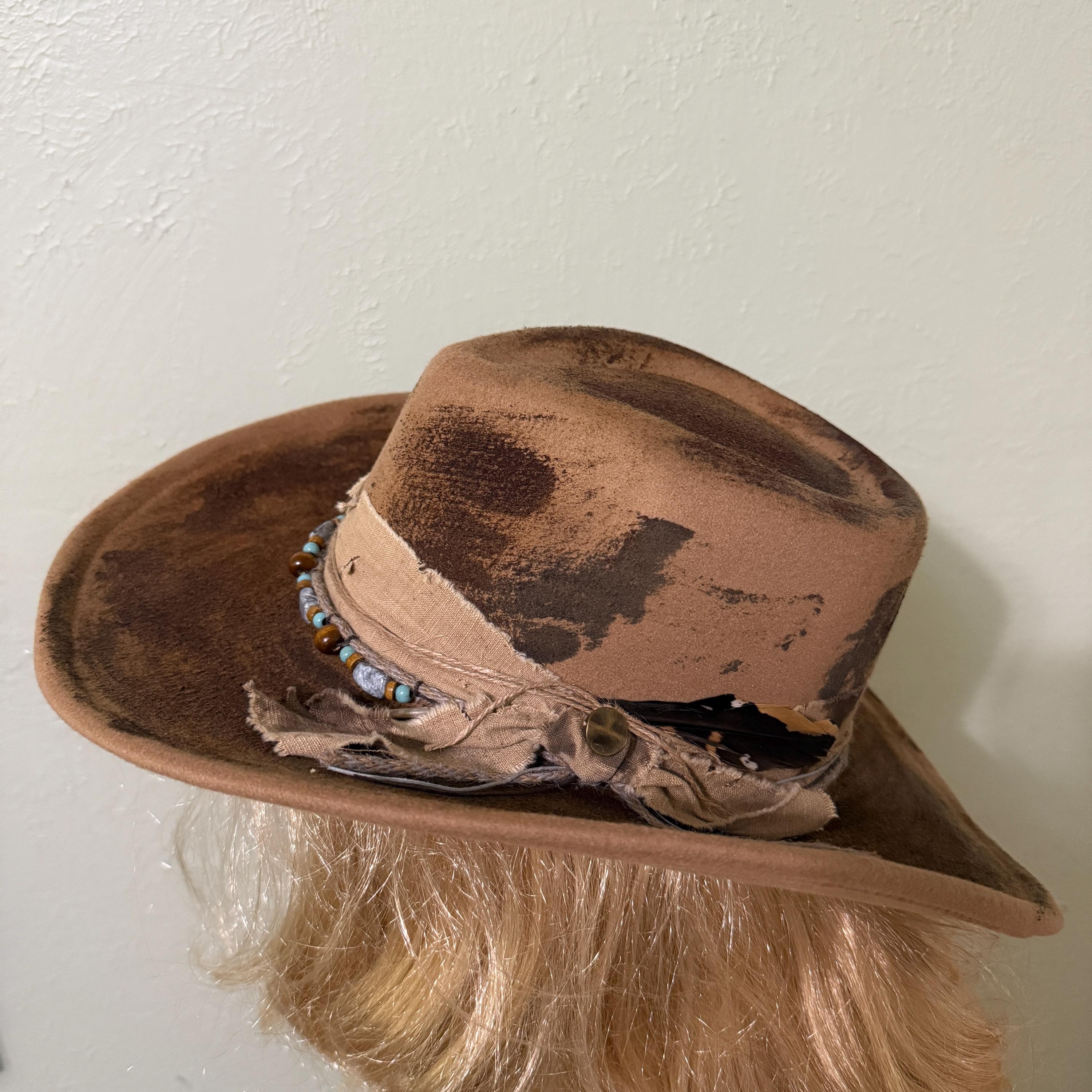 Brown Vintage Inspired Distressed Fabric Band Rustic Western Fedora Hat JonHats Handmade Vintage Fedora with Unique Distressed Look  main image 2