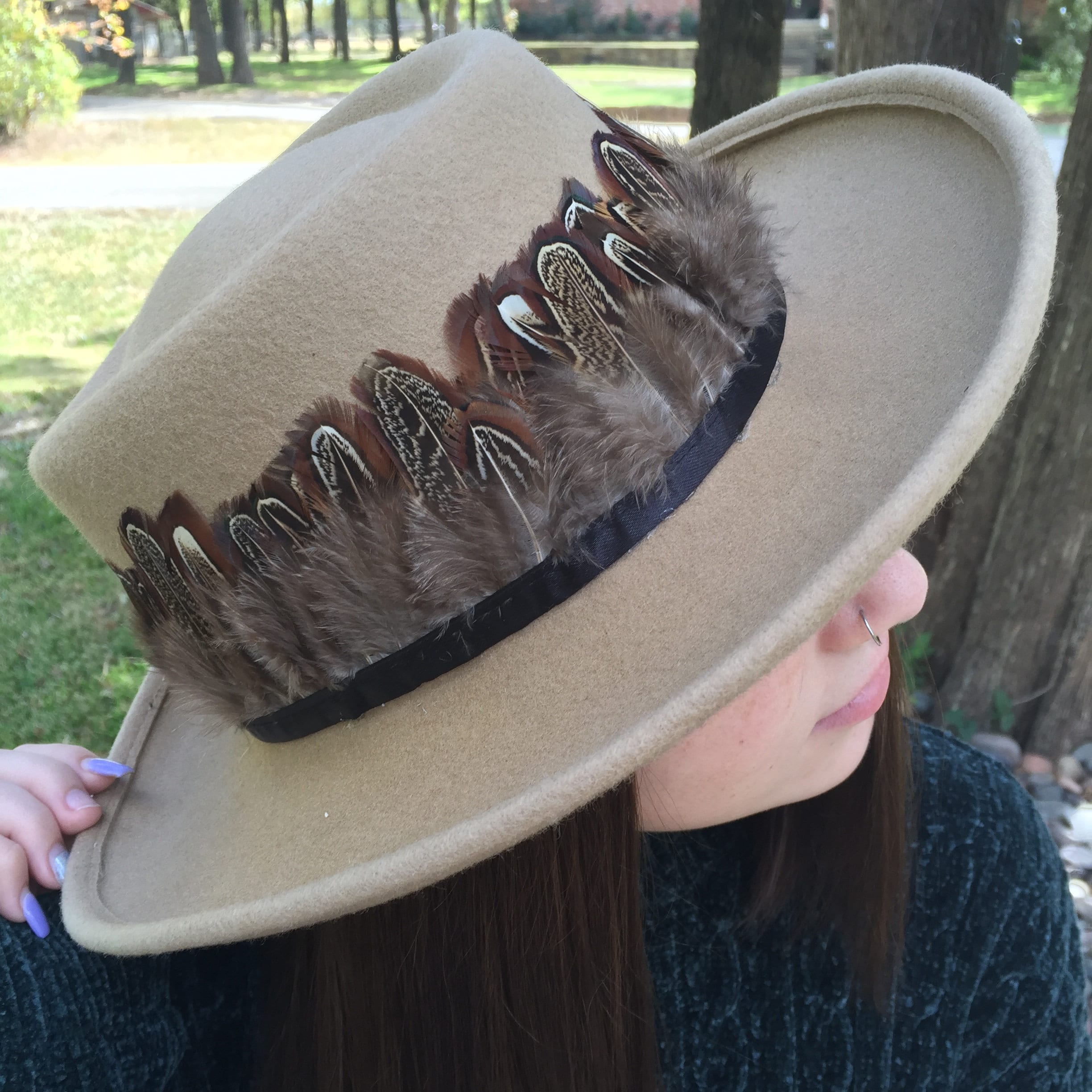 Fedora Wide Brim, Soft Tan / Beige Wool Felt. Black Wrap  display picture 2