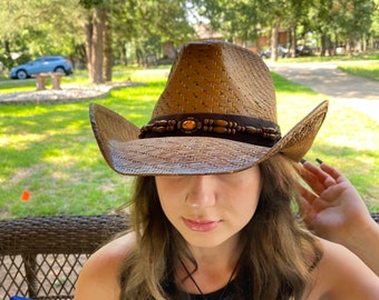 Multicolored Straw Cowboy Hat, Unique Design, Brown Leather Hatband Accented with Wooden Beads and 3 Medallions, One Size Fits All