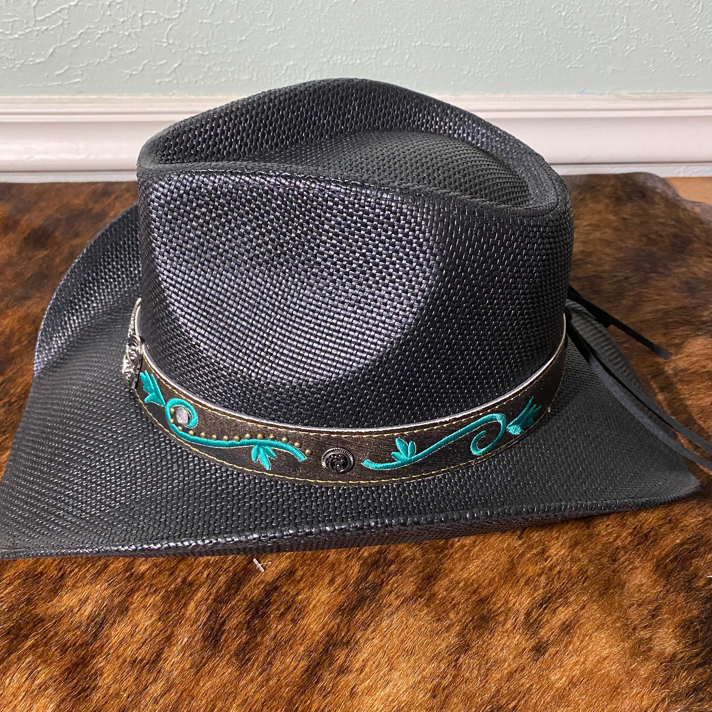 NWT Black Straw Fedora Hat with Turquoise Embroidered Accents Black & Turquoise Straw – Bobbie C Hats main image 4