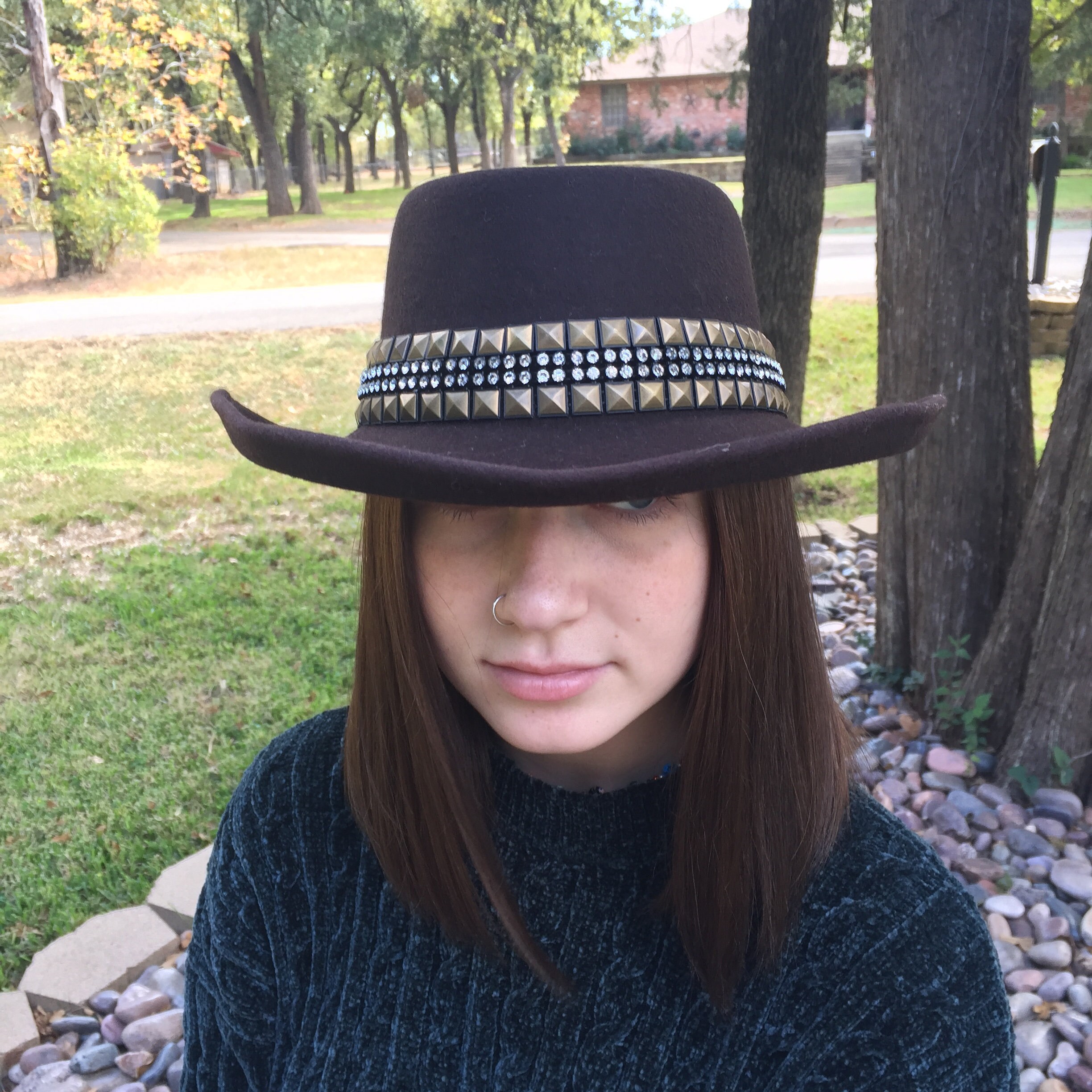 Elegant Brown Wool Wide-Brim Hat with Silver Rhinestone Beaded Band Brown Church Derby Hat: Rhinestone Trim, Silver Bow Brooch  main image 2