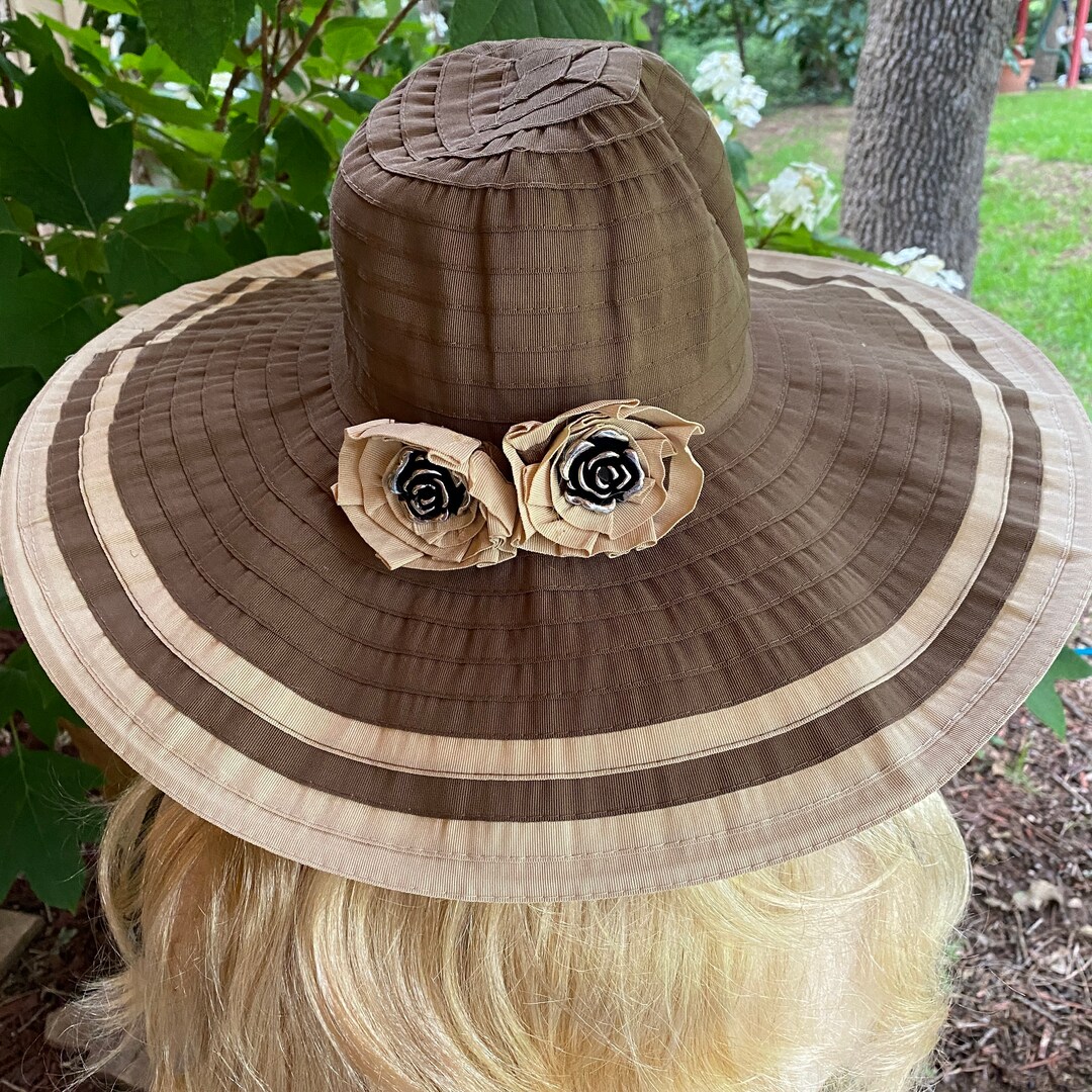 Sun Hat Brown and Tan Floppy Large Brim Hat With Flowers