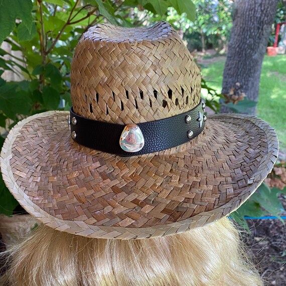 Tan Straw Fedora Style Hat With Fun Black Hat Band  display picture 3