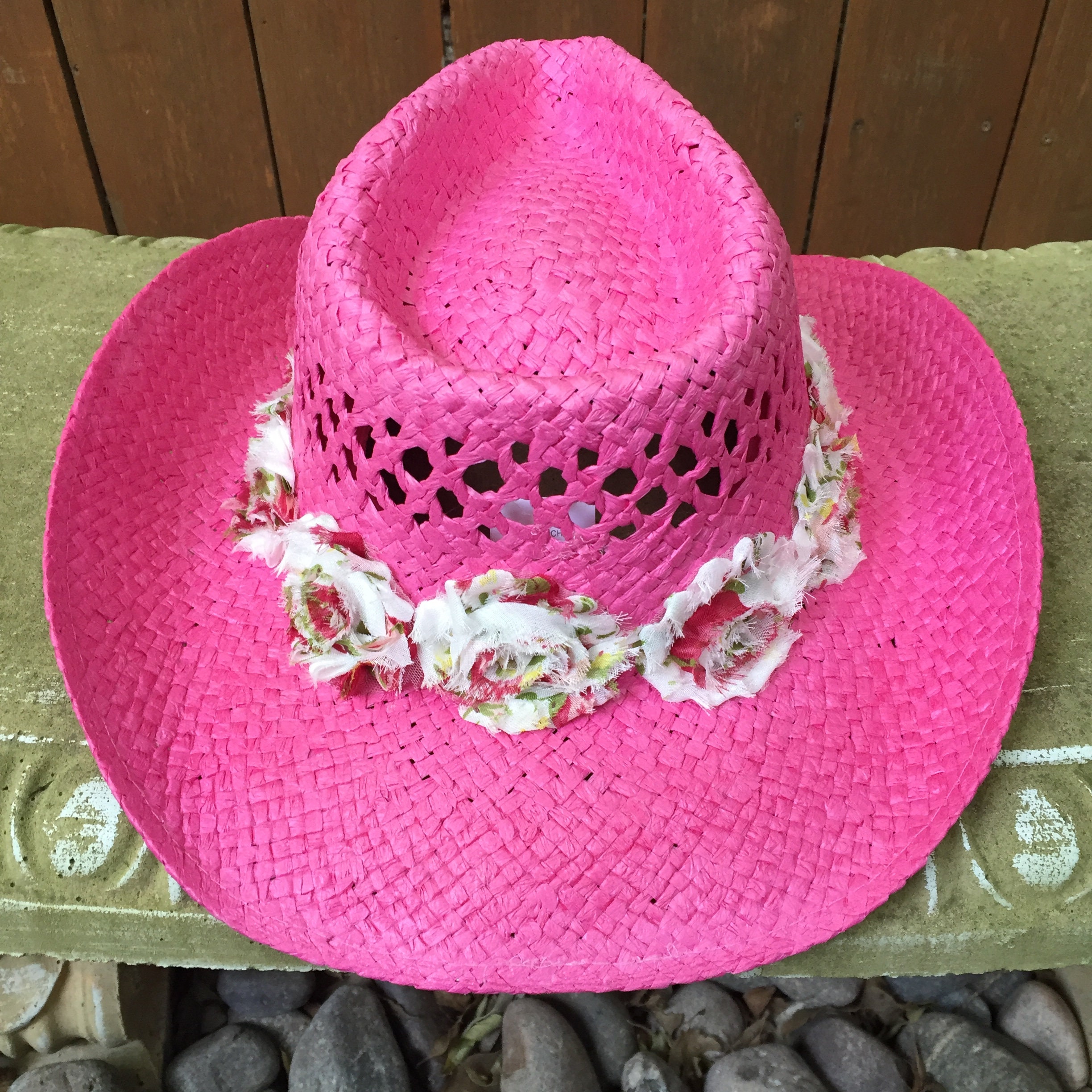Hot Pink Straw Cowboy/sun Hat With a Shabby Chic Boho Style Etsy