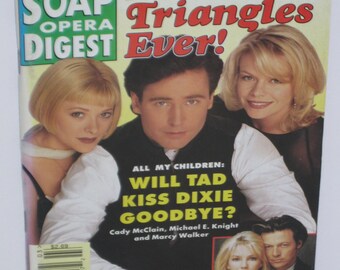 Op de afbeelding: Een tijdschriftcover voor Soap Opera Digest, gedateerd 16 januari 1996, met de kop "Best Love Triangles Ever!" met foto's van acteurs uit de soapseries "All My Children" en "Melrose Place".