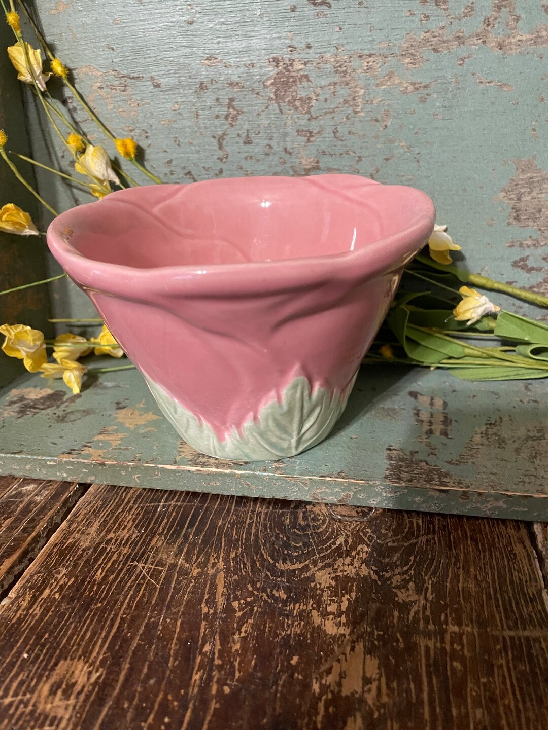 TIC Pottery USA Pink Flower Bowl Vase Etsy