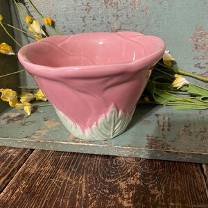 May include: A pink ceramic bowl with a floral design. The bowl has a scalloped edge and a green leaf pattern.