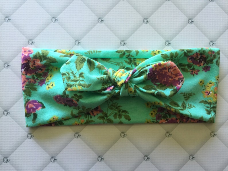 Purple Floral on Aqua Green Top knot Headband Turban Bow