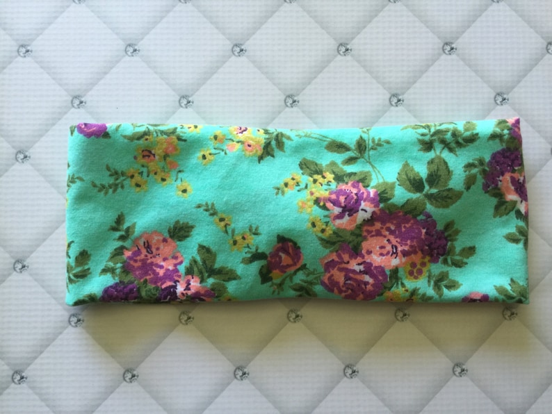 Purple Floral on Aqua Green Top knot Headband Turban Bow