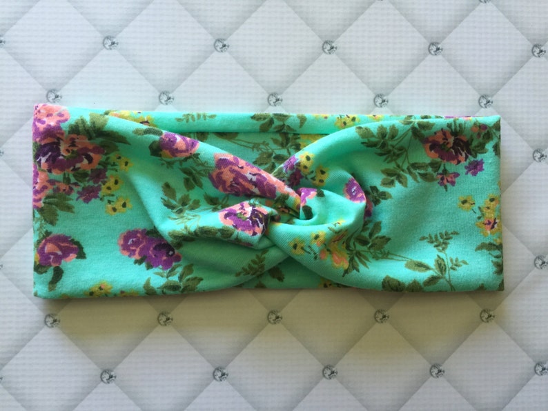 Purple Floral on Aqua Green Top knot Headband Turban Bow
