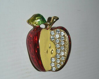 Vintage Enamel and Rhinestone Apple Brooch 0439