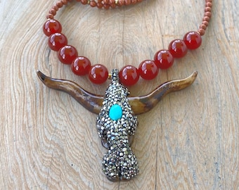 Longhorn Beaded Necklace - Burnt Orange