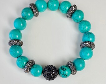 Turquoise and Black Crystal Bracelet, Stretchy One-of-a-Kind Bracelet