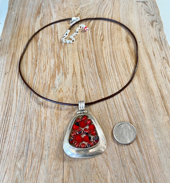 Vintage Art Pendant Sterling Silver Red - image 3