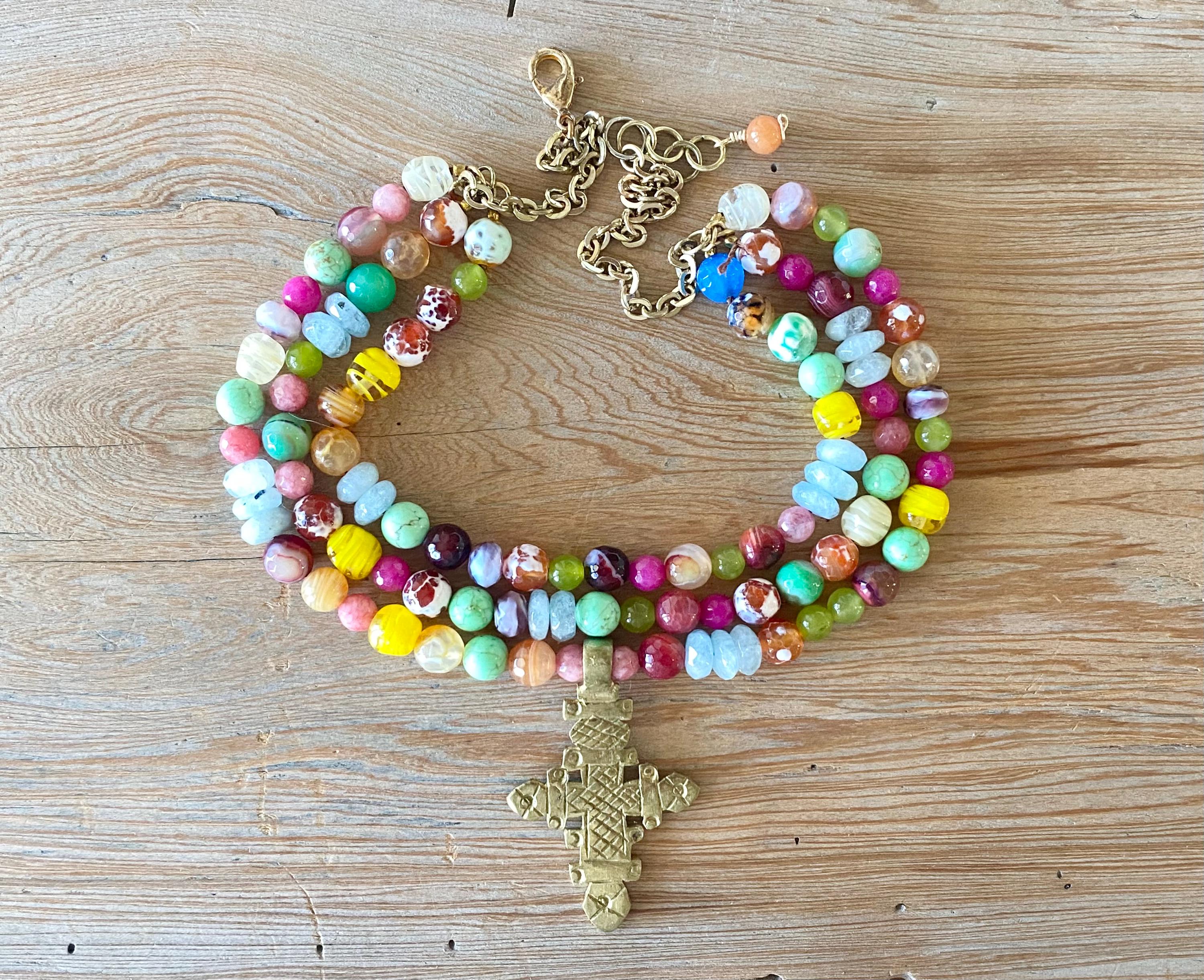 Layered Gemstone One-of-a-Kind Gemstone Necklace with Cross