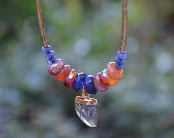 Layering Choker, Sunstone, One-of-a-Kind Pendant Necklace, Crystal Horn, Minimal Choker, Dainty Jewelry