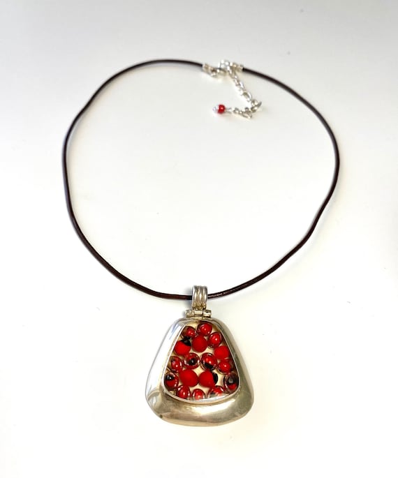 Vintage Art Pendant Sterling Silver Red - image 1