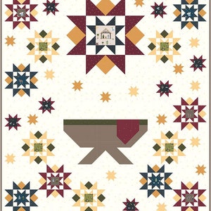 May include: A white background with a brown manger and red cloth.  The background is filled with gold, red, and blue stars with a variety of patterns.  The center star is larger and has a scene of the nativity inside.