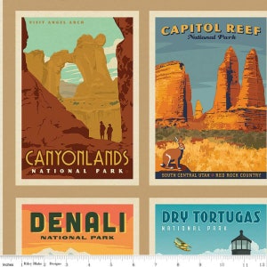 May include: Fabric featuring four vintage-style travel posters. The posters advertise Canyonlands, Capitol Reef, Denali, and Dry Tortugas National Parks. Each poster has a unique color scheme and imagery, including landscapes and a rabbit.