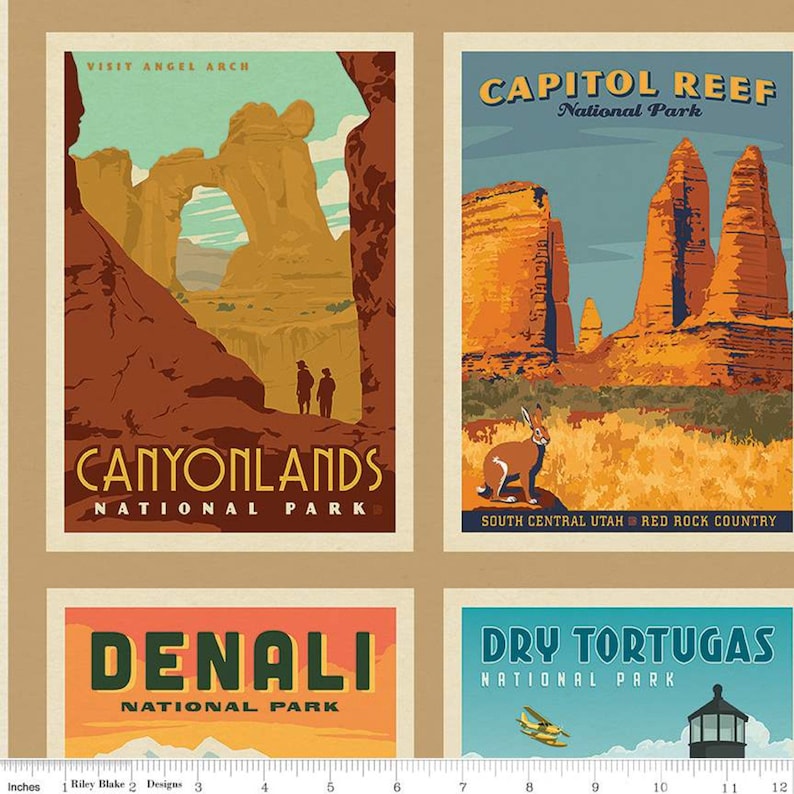 May include: Fabric featuring four vintage-style travel posters. The posters advertise Canyonlands, Capitol Reef, Denali, and Dry Tortugas National Parks. Each poster has a unique color scheme and imagery, including landscapes and a rabbit.