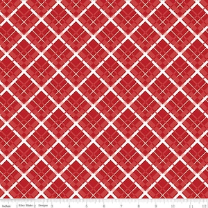 May include: Red and white plaid fabric with a repeating diamond pattern. The fabric is 12 inches wide.