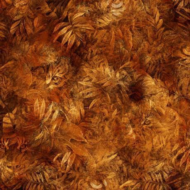 Eye of the Tiger Eyes 30478 Rust T by QT Fabrics Leaves Tigers Quilting